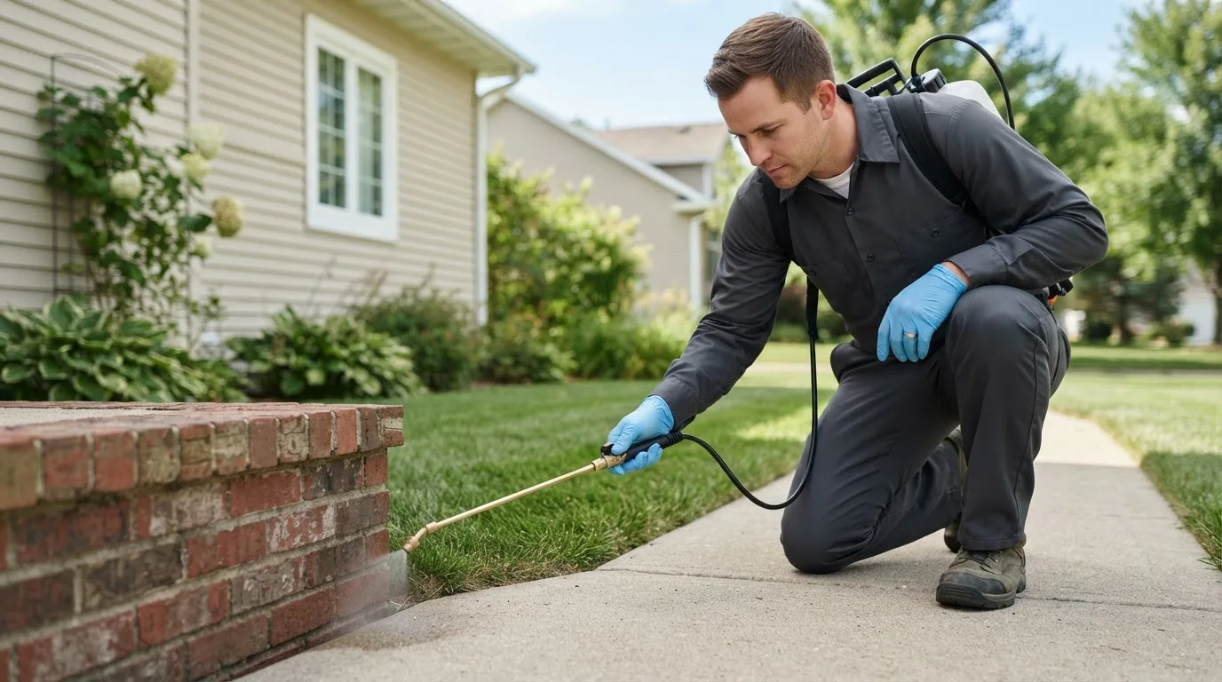 Pest control technician treating a home near Grand Island, NE