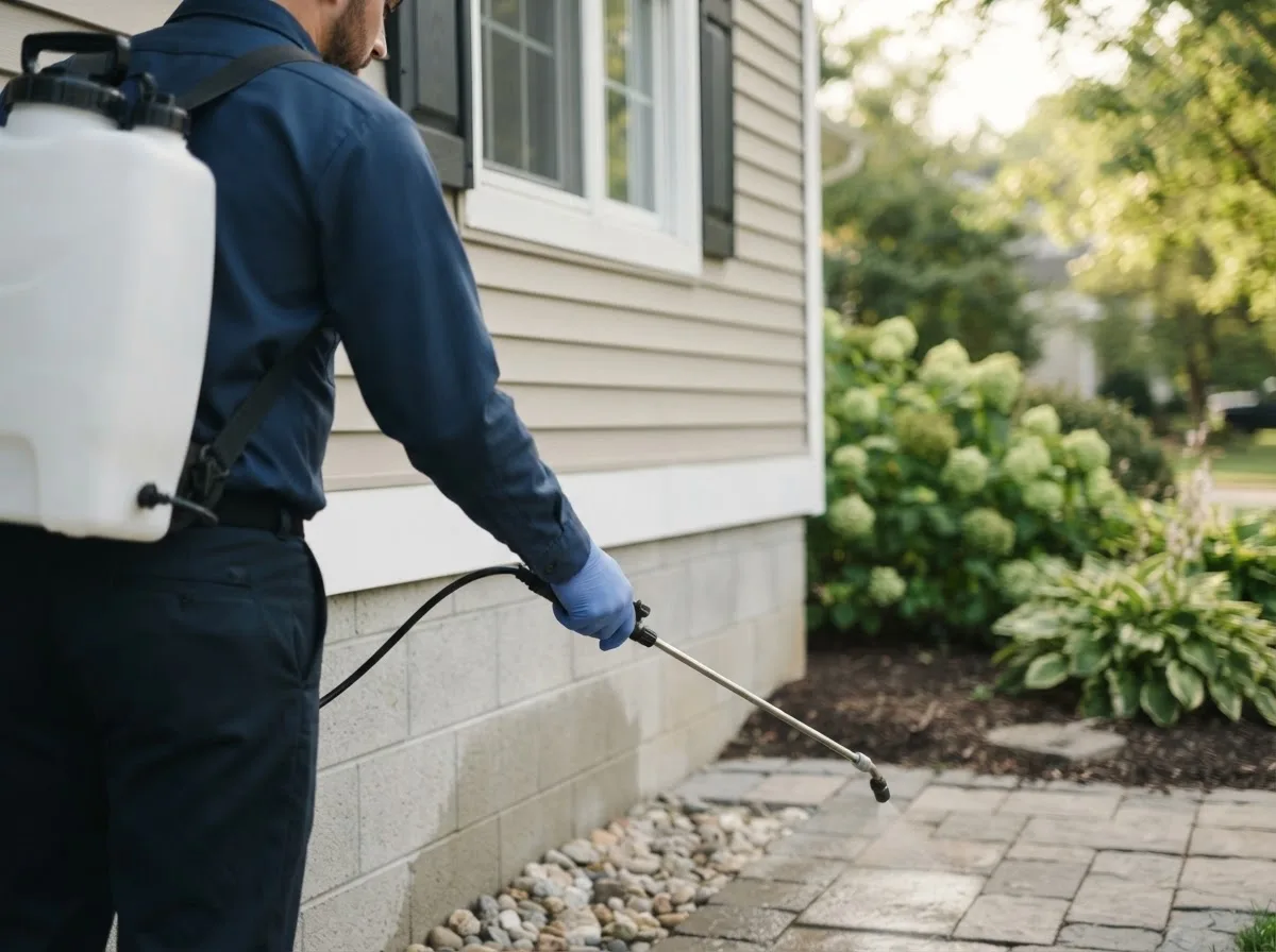Pest control technician inspecting a home in Grand Island, NE